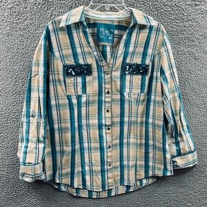 Womens Plaid Western Button Up Shirt L Cowgirl Country Rustic Farmhouse Sequin
